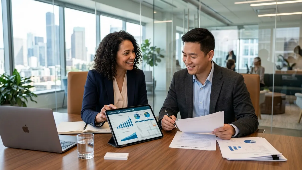 Financial advisor and client analyzing loan consolidation charts on tablet in modern office