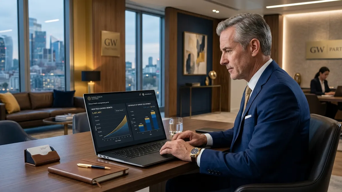 Investor analyzing high yield savings interest curves on a laptop in corporate office