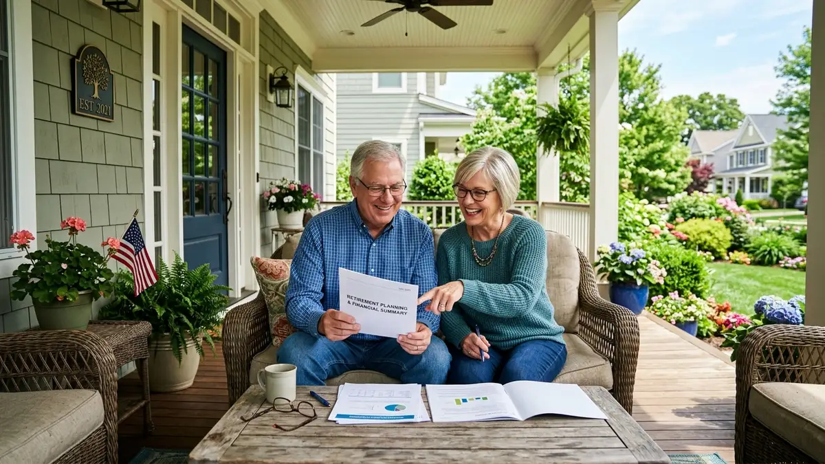 Senior couple reviewing retirement financial paperwork on the porch of their suburban home