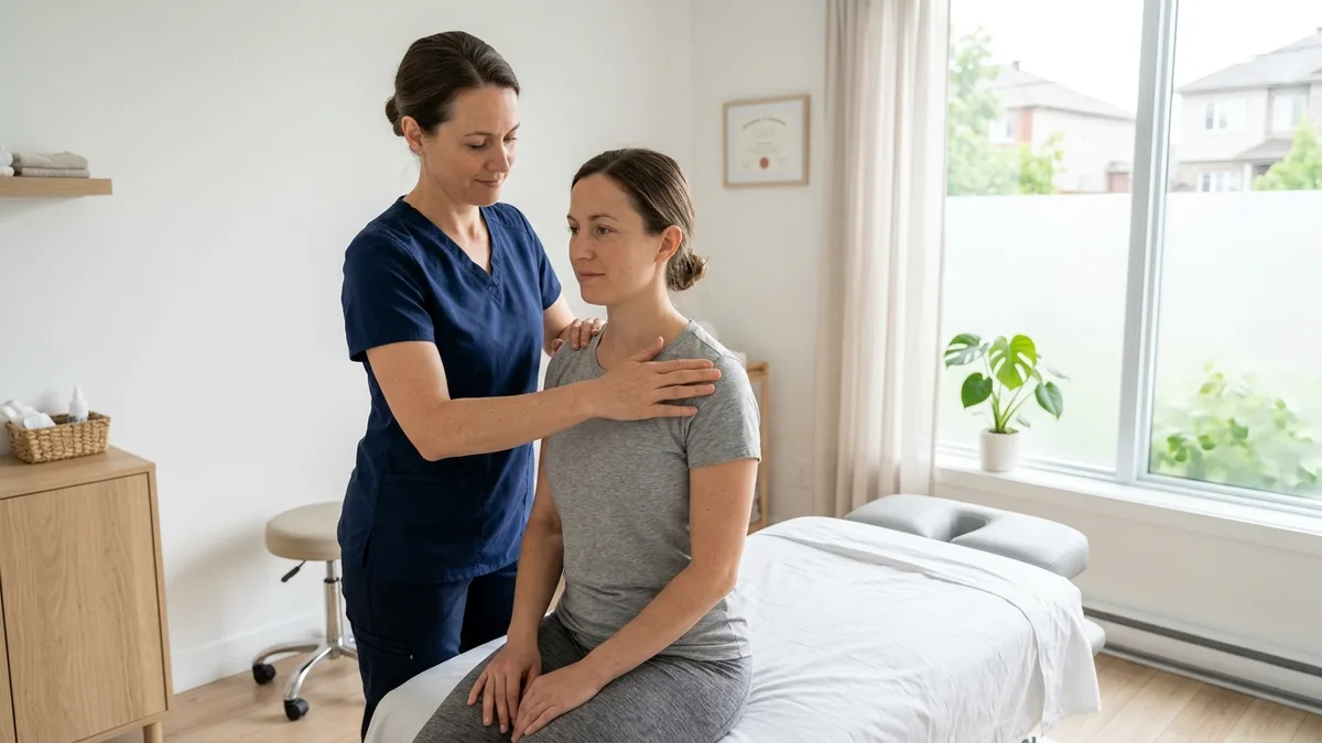 Physical medicine clinician overseeing a computerized DRX9000 spinal decompression therapy session for a patient with lumbar disc herniation