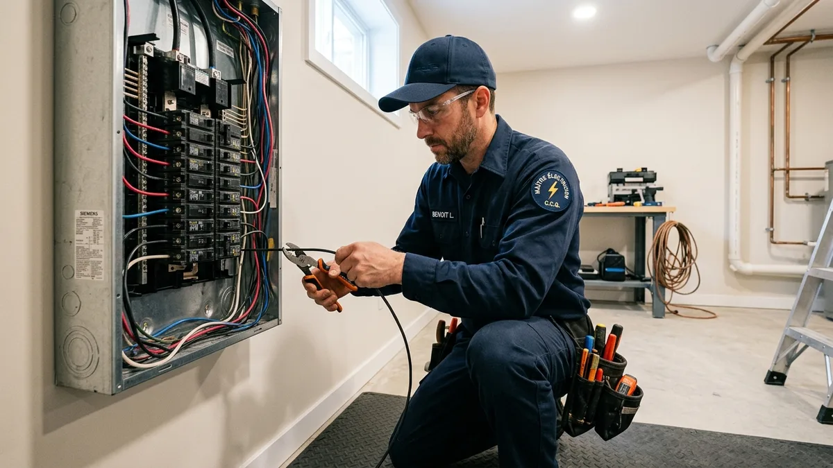 Certified master electrician wiring an automatic transfer switch and installing a whole-house standby generator outside a residential home